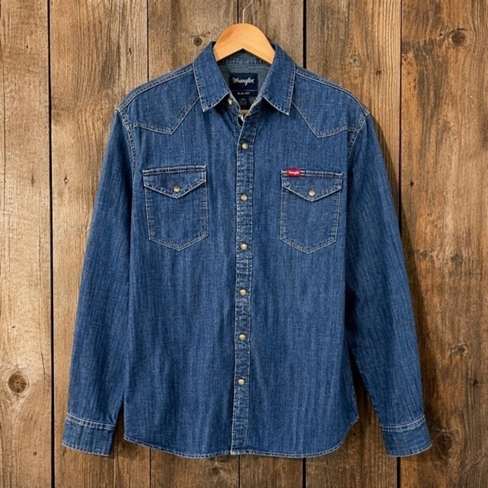 Wrangler Slim Fit Denim Western Shirt Mens S Pearl Snap Stretch NWT